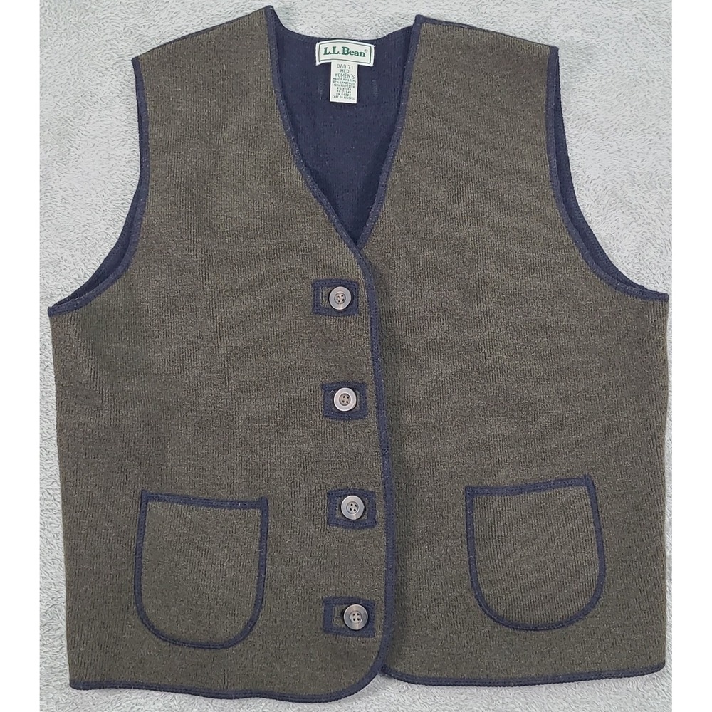 LL Bean Womens OAQ 71 Lambswool Blend Button Front Vest Olive Green Navy Medium